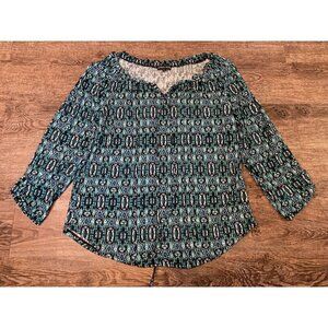 Carol Rose Women’s Off Shoulder 3/4 Sleeve Top Turquoise Black Print Size XL